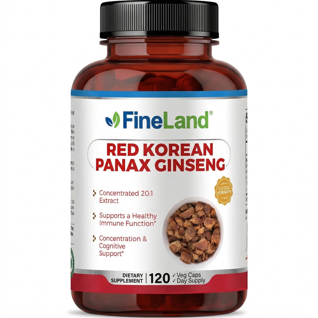 FineLand Red Korean Panax Ginseng 13 000 mg - Max Strength 20:1 Extract - Koncentrerad immun- och kognitivt stödtillägg för män och kvinnor - 120 Veggie kapslar