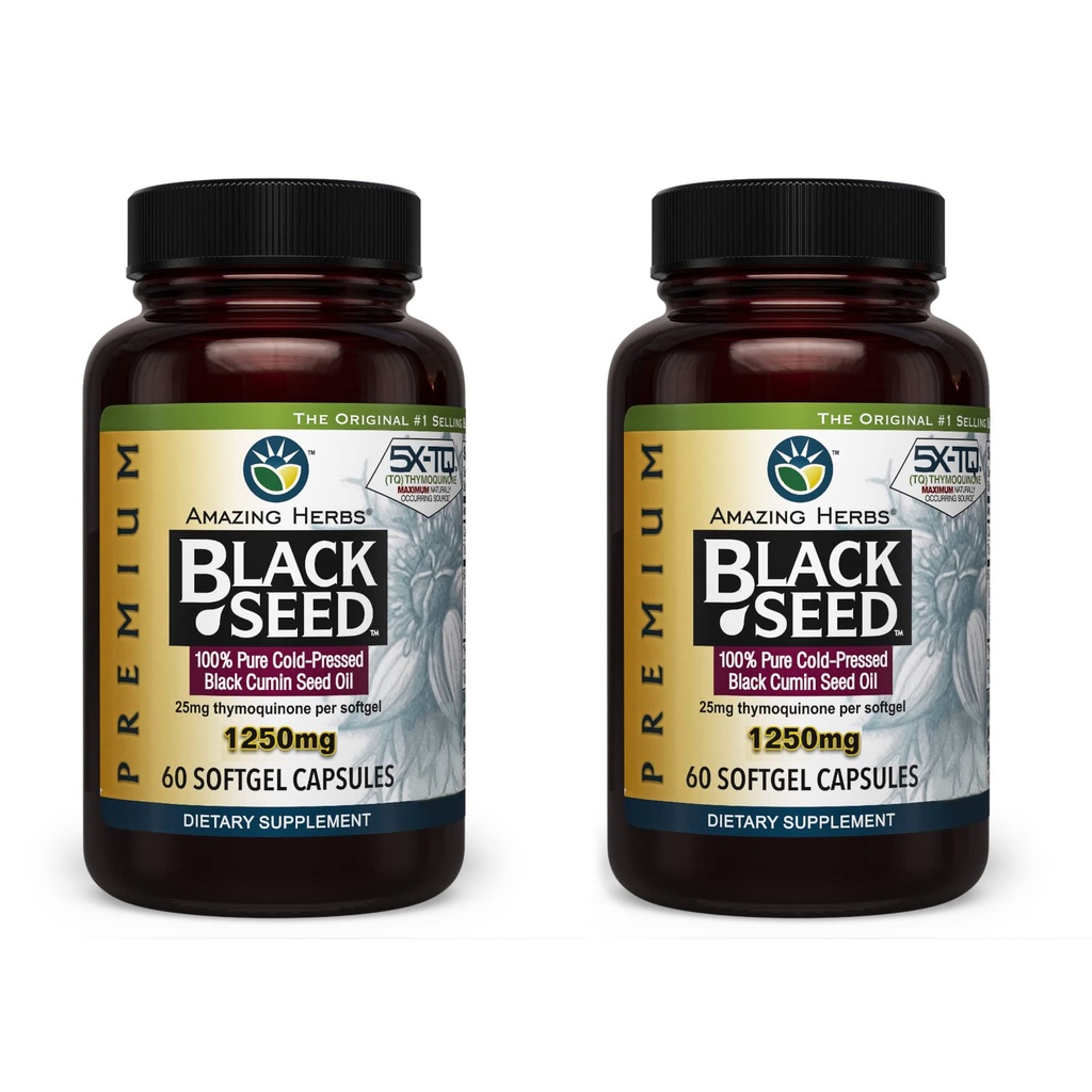 Amazing Yrtit Premium Musta siemen öljy kapselit - korkea teho, kylmä Pressed Nigella Sativa Aids Ruoansulatuskanavan, Immuno tuki & aivotoiminta - 60 Count, 1250mg (paketti 2)