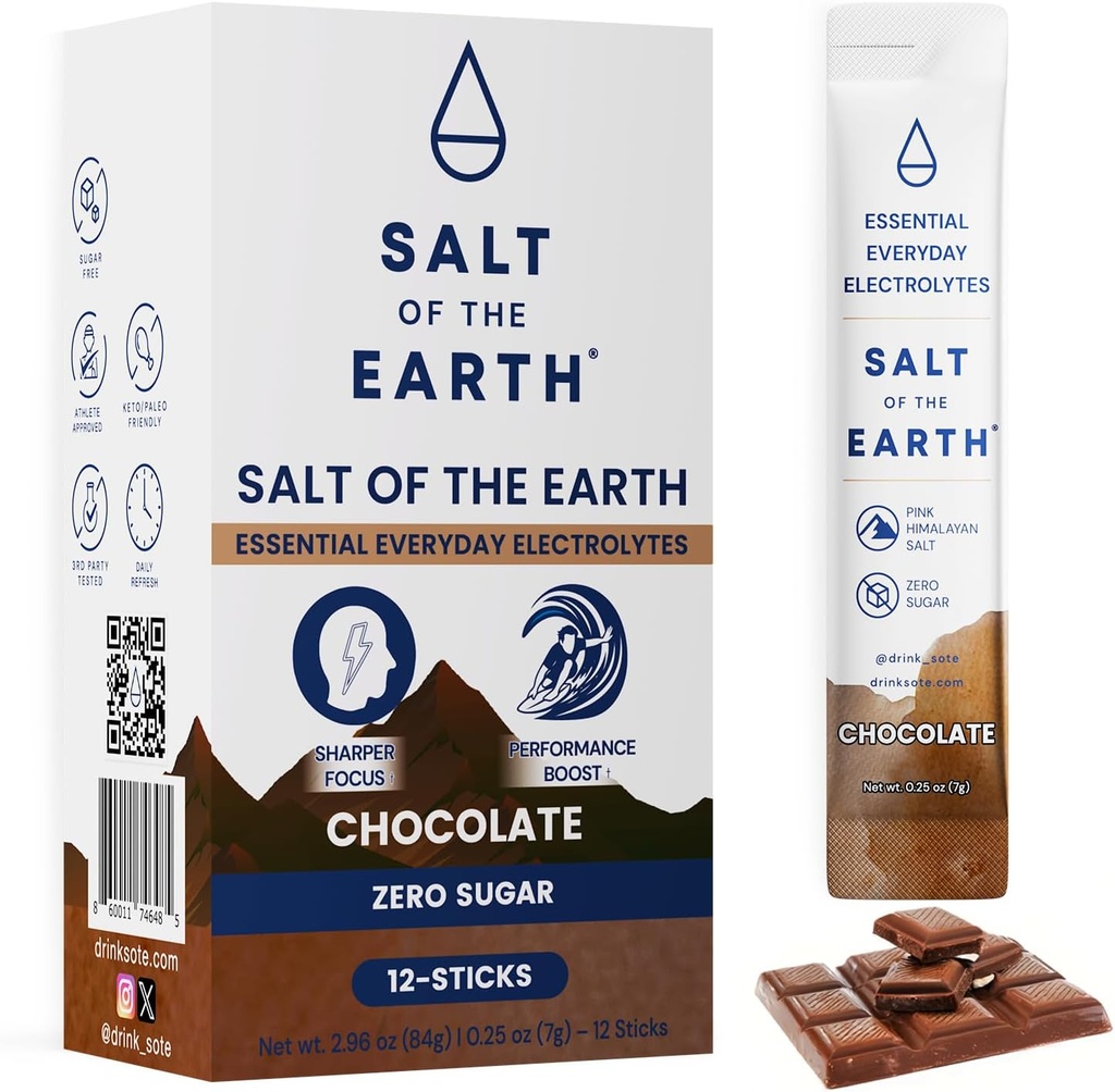 Salt av jorden Premium Zero-Sugar Electrolyte - Tillverkad med rosa Himalayan Salt - Hydration Powder Packets | Premium Ingredienser | Keto & Paleo Friendly | 12 Sticks, Chocolate