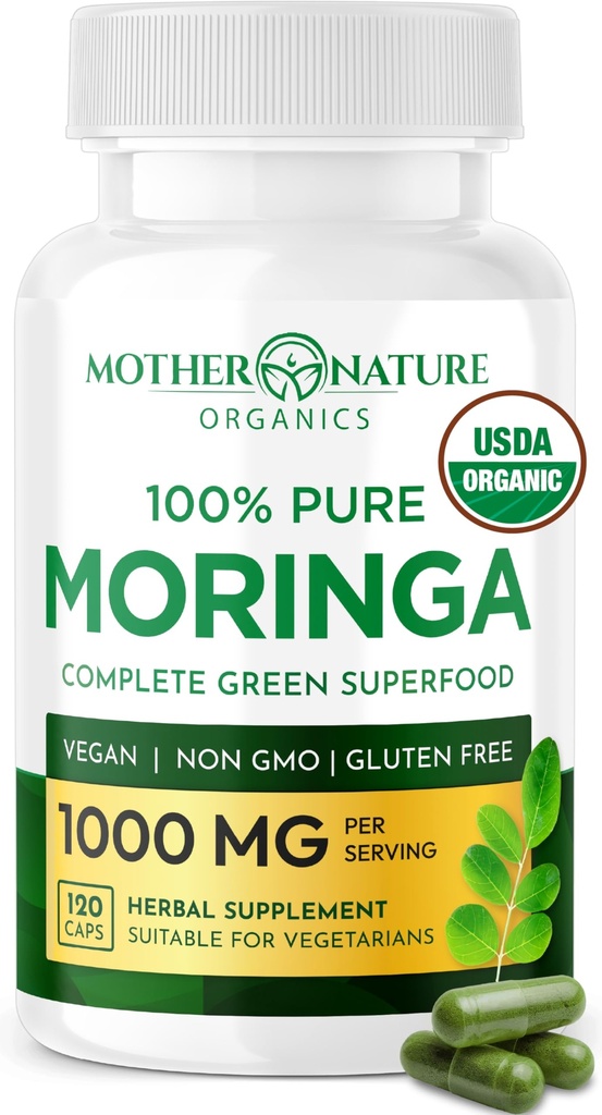 Luontoäiti Organics Moringa Capsules ... Organic Moringa Leaf Powder, Single Origin, Energy & Immuno Support, Metabolia, Focus, C-vitamiini, 500 mg, 120 kapselia