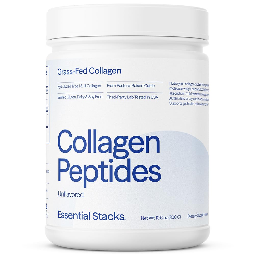 Essential Stacks Collagen Peptides Powder (From Grass Fed American Cattle) - Gluteenittomat, Dairy & Soy Free - makuamaton Hydrolysoitu kollageeni täydentää (10.6 oz)