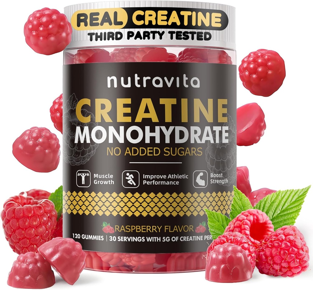 Nutravita Creatiini Monohydraatti Gummies for Men & Women-5g Creatiini Monohydraatti per tarjoilu - Sokeriton,Vegaani, Vadelma maku, 120