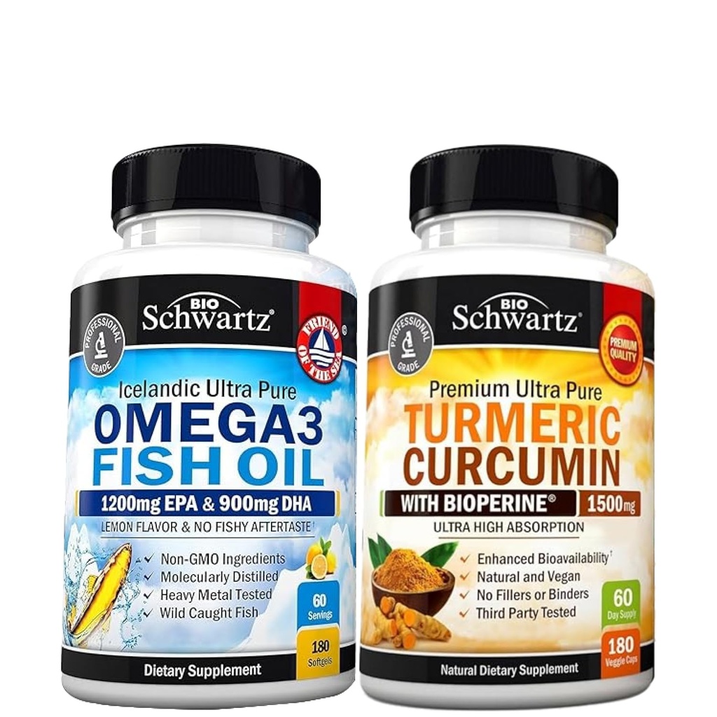 Triple Strength Omega 3 Fish Oil Softgels (2 kuukauden tarjonta) Plus Turmeric Curcumin Black Pepper Extract 1500mg Complex (2 kuukauden tarjonta)