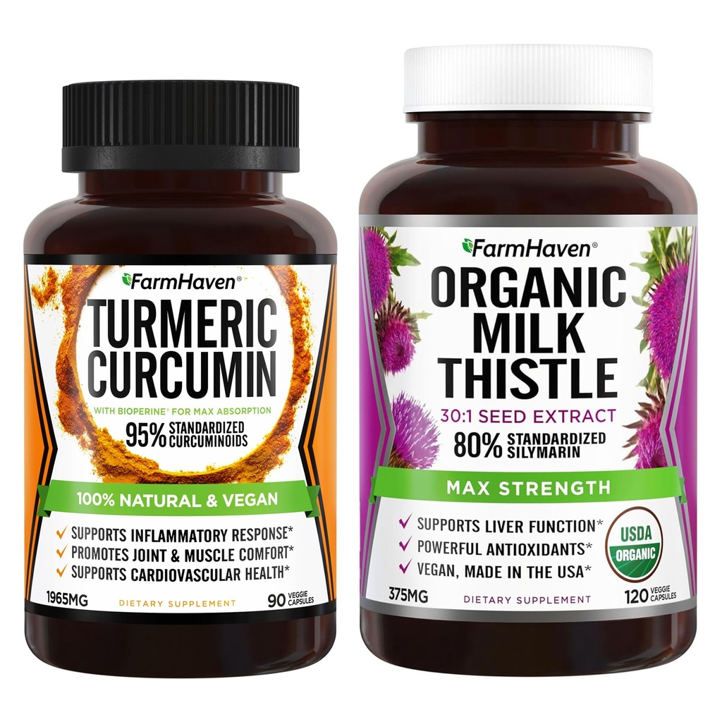 FarmHaven Milk Thistle 120 kapslar och gurkmeja Curcumin 90 kapslar