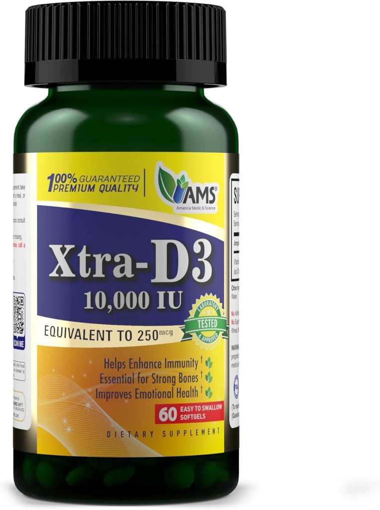 America Medic & Science Xtra D3-vitamiini D 10 000 IU (250 mikrog) Kolekalsiferoli Supplement for Men & Women (60 Helppo niellä Softgels) Paras Bone, Heart Health, Immunojärjestelmän tuki, Keuhkotoiminta