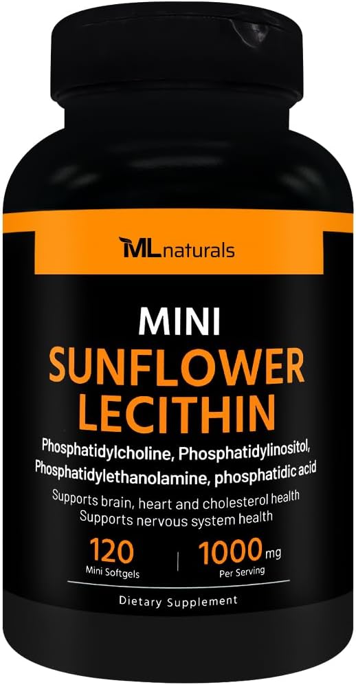 ML Naturals Mini Auringonkukkalesitiini 1000 mg 120 Softgels, helppo niellä, tukee aivojen terveyttä. Ei-GMO, NSF-sertifioitu & cGMP-kompliantti