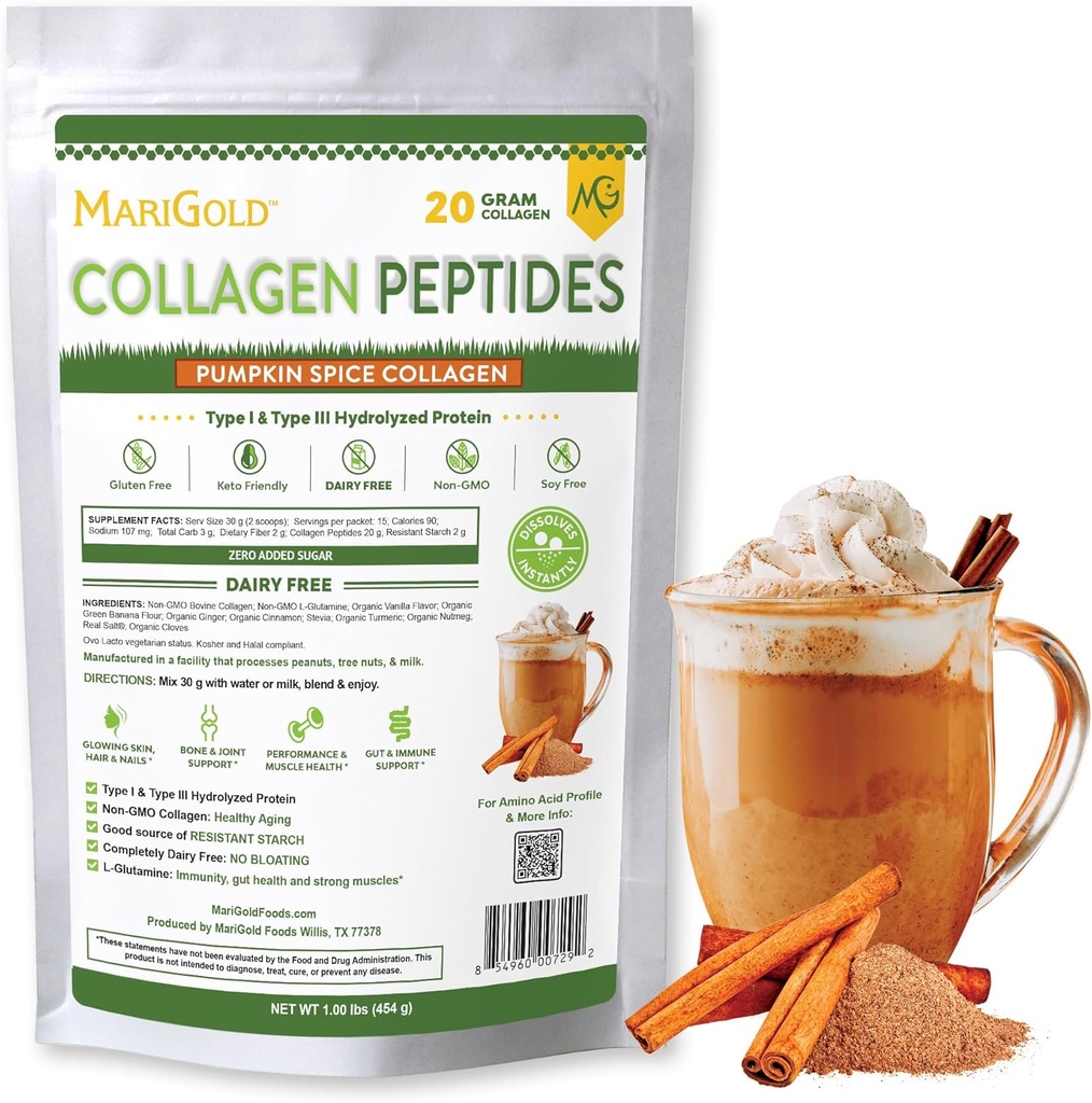 MariGold Grass-syöte Collagen Peptides Powder Pumpkin Spice 1LB - 100% Pure, tyyppi I & III Naudan hydrolysoitu kollageeni, ei-GMO, Hormoni vapaa, soijaton, gluteeniton, Dairy Free, Keto-Friendly