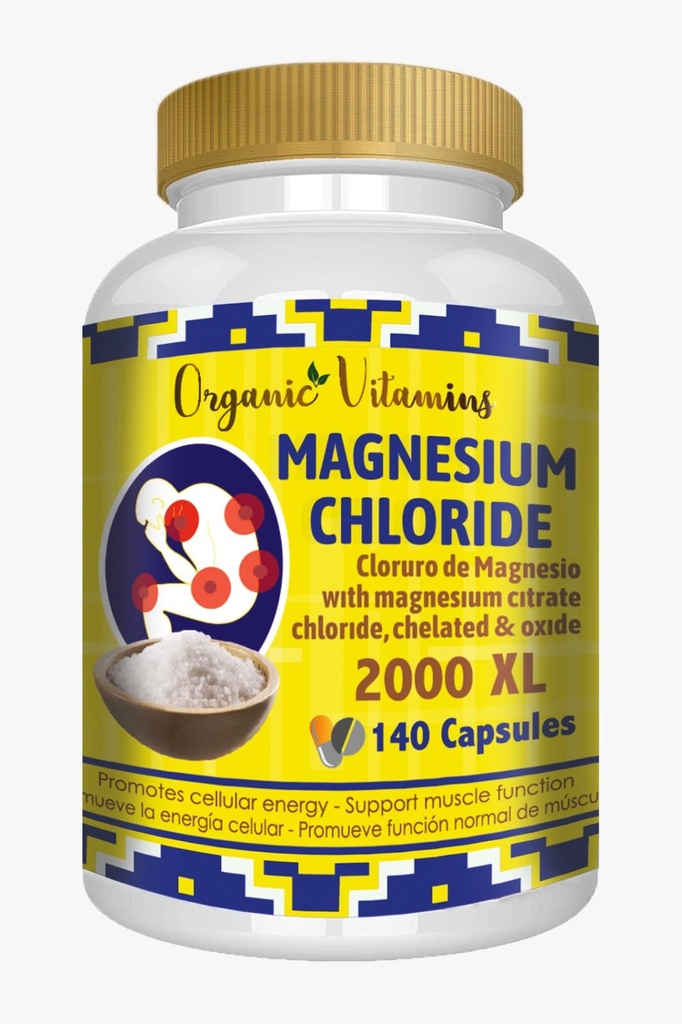 Magnesiumkloridi (kloruro de magnesio) 140 kapselia - suuri imeytyminen Magnesiumlisä, jossa on sitraattia, kelaattia ja oksidia.