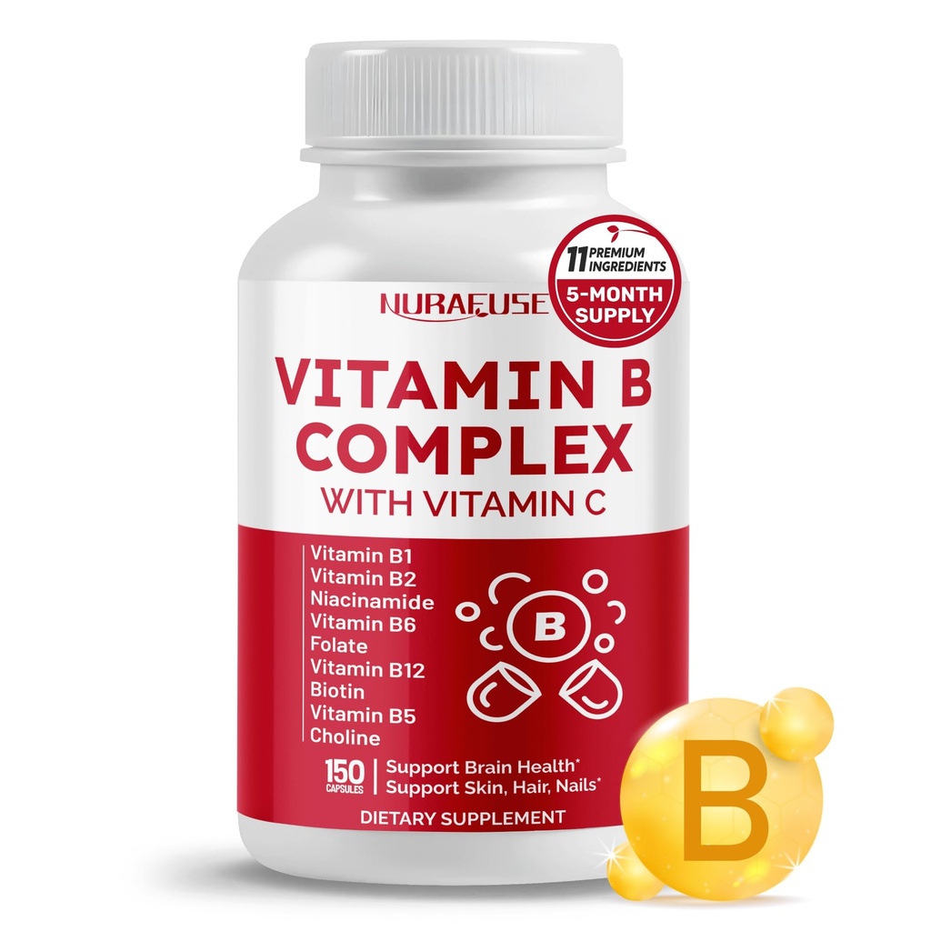 B-vitamiini Complex B1, B2, 6,9,12 Niasiini, C-vitamiini - Tuki aivojen terveys, energiatasot, iho, hiukset ja kynnet - Valmistettu ja testattu Yhdysvalloissa