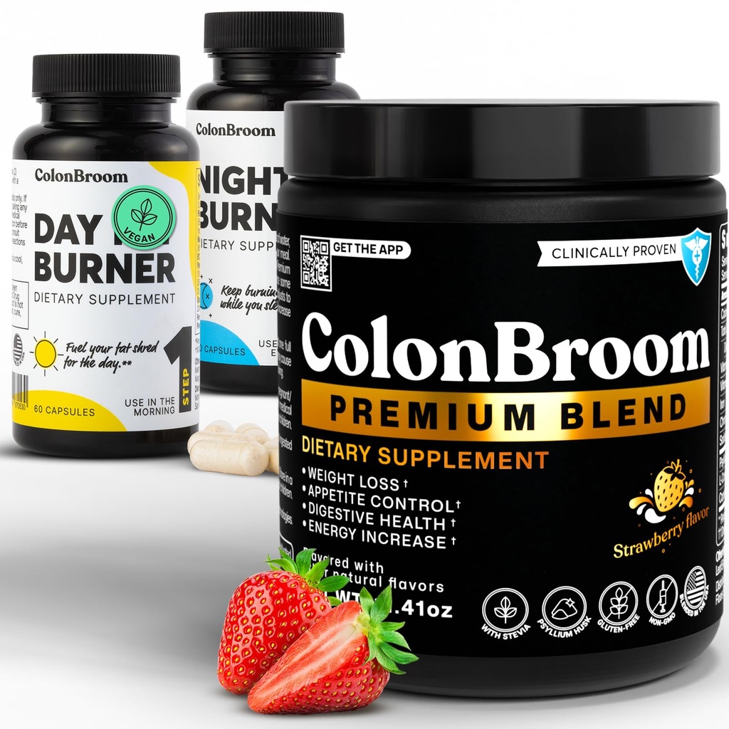 ColonBroom Premium Psyllium Husk Powder, Colon Broom Colon Cleanser Fiber Supplement för Bloating Relief & Gut Health + Day & Night Burner Supplements, Weight Management Pills (60 portioner), 3 objekt