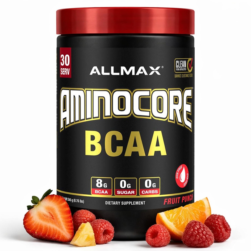 ALLMAX Nutrition AMINOCORE BCAA Powder, 8.18 Grams of amino acids, Intra ja post Treout Recovery Drink, Gluteeniton, hedelmänsydän, 315 g
