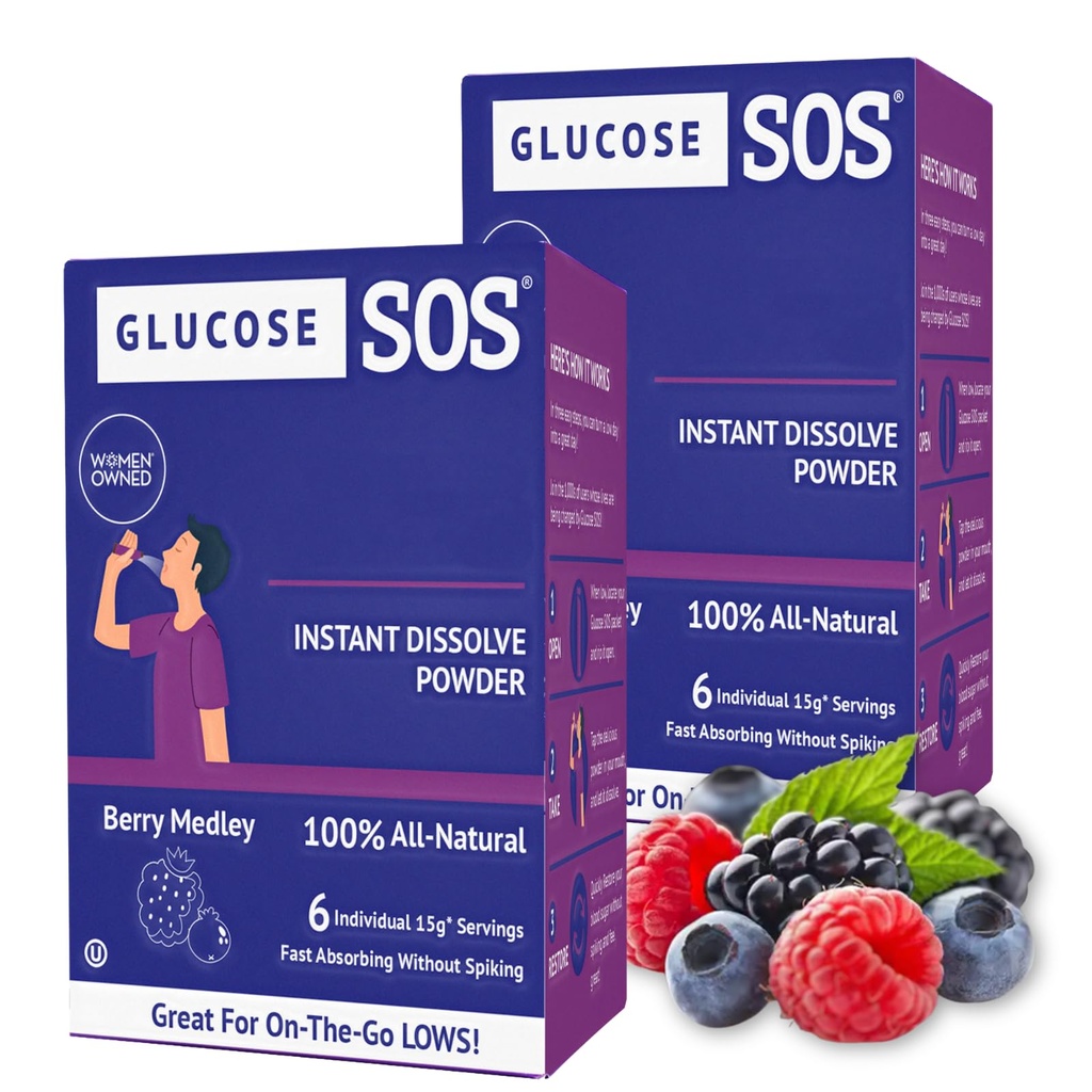 Glukos SOS Glukospulverpaket med naturlig dextros, snabbabsorption Det löses omedelbart i munnen utan vatten behövs, Berry Medley 12 portioner