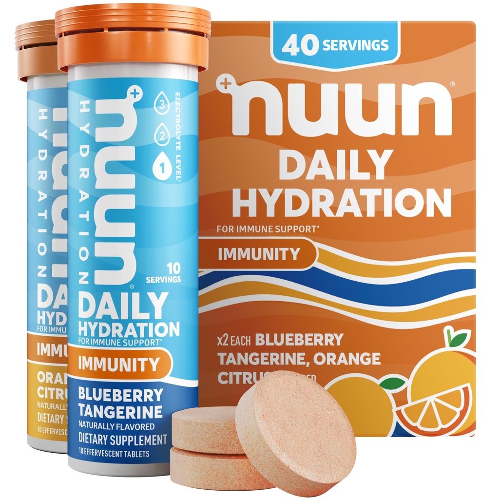 Nuun Immunity Electrolyte tabletter med vitamin D, C, E, & A, Ginger, Elderberry, Magnesium & 4 Övriga Essential Electrolytes, Vegan, Blueberry Tangerine & Orange Citrus, 4 Pack (40 portioner totalt)