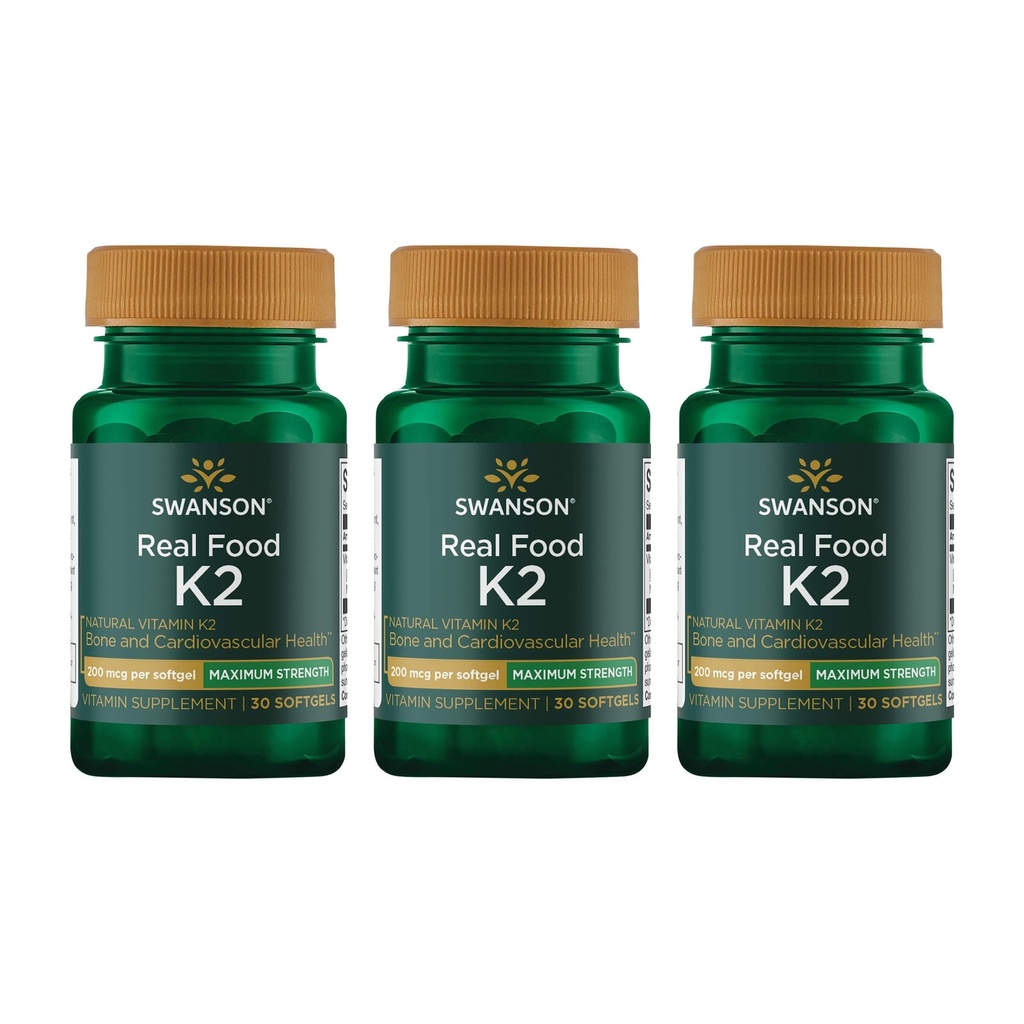 Swanson Maximum Strength K2-vitamiini (Menakinoni-7) -Vitamiinin lisä, joka tukee kardiovaskulaarisia ja luuterveydellisiä aineita Japanin natosta kalsiumin säätelyyn (30 Softgels, 200 mcg Each) (3 pakkaus)