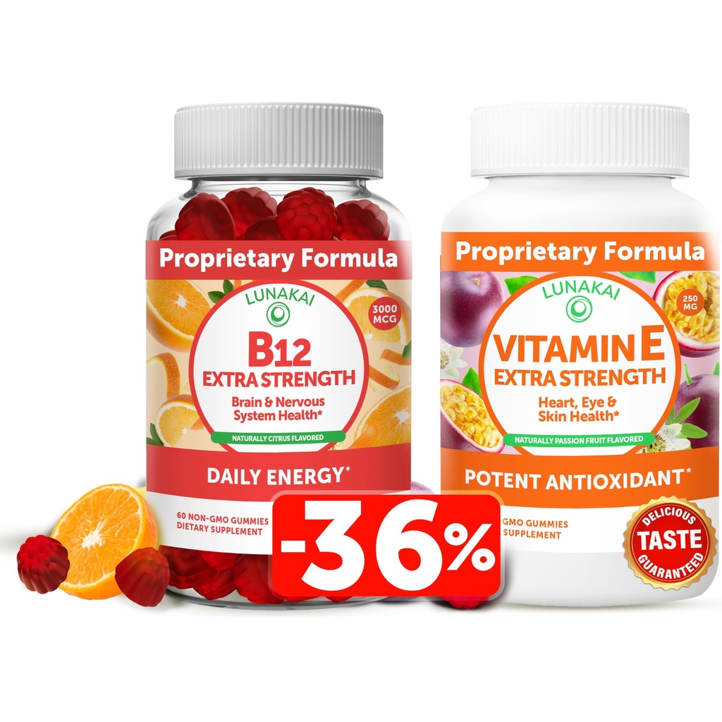 Lunakai B12-vitamiini ja E-vitamiini Gummies Bundle - 3000 mikrog Gummies for Aikuinen energiatuki ja luun terveys - 250 mg 1000 iu Natural VIT E Plus C-lisät