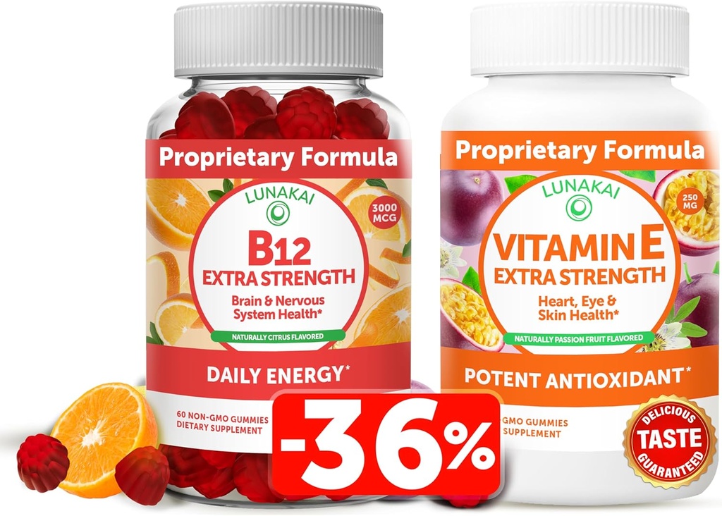Lunakai B12-vitamiini ja E-vitamiini Gummies Bundle - 3000 mikrog Gummies for Aikuinen energiatuki ja luun terveys - 250 mg 1000 iu Natural VIT E Plus C-lisät
