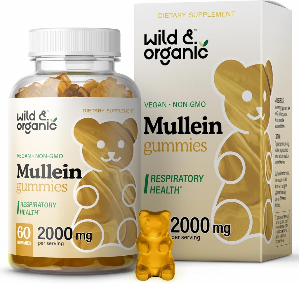 Wild & Organic Mullein Gummies för Lungs 2000mg - Lung Detox och Cleanse - Vegan Mullein Leaf Gummies för Immune Support - 60 Non-GMO Herbal Extract Chews