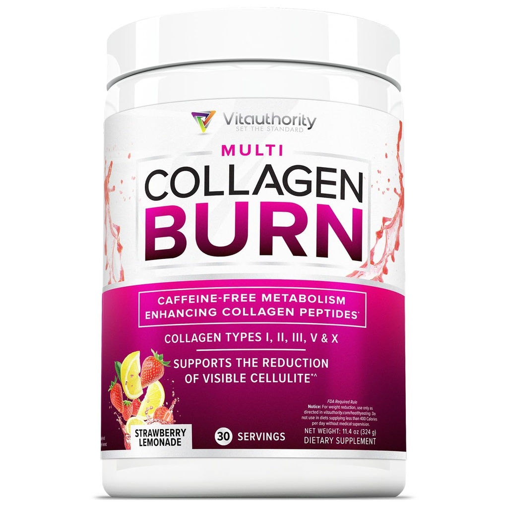 Multi Collagen Burn: Hydrolysed Protein Peptides with Hyaluronic Acid, C-vitamiini, SOD B Dimpless, Tyypit I, II, III, V ja X, Kofeiinivapaa mansikka sitruunamehua Maku 30