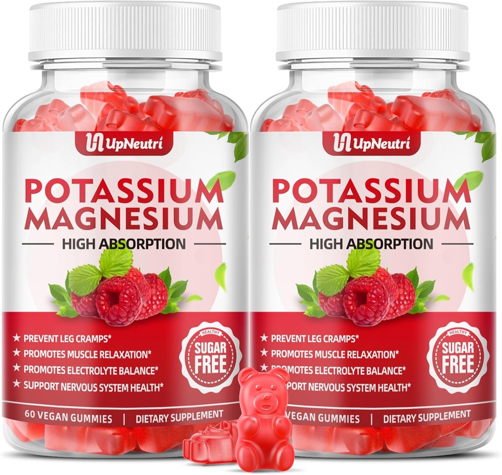 Kalium Magnesium täydentää Gummies aikuisille Lapset, Sokeriton kalium Gummies tukee jalkakramppeja ja lihasten terveys, korkea imeytyminen Magnesium Gummies Vadelma maku 120 Ct