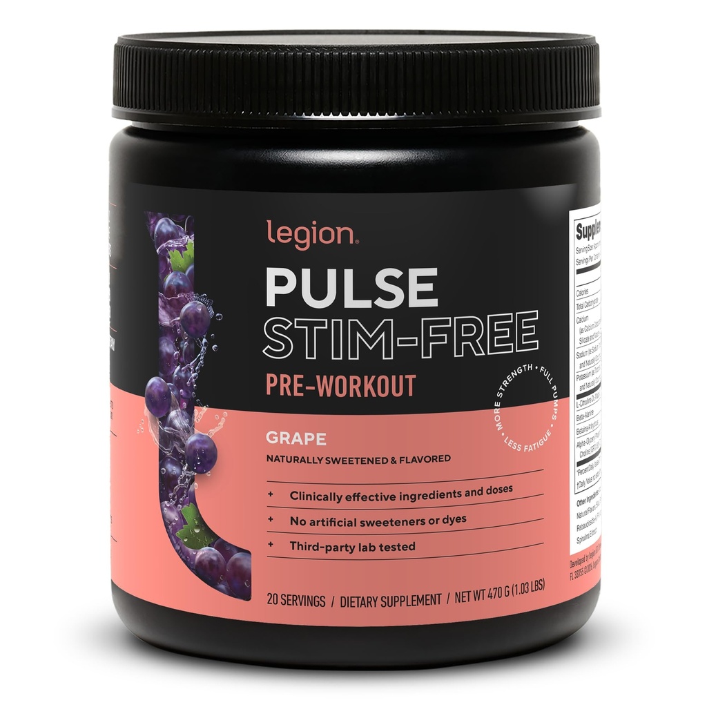 LEGION Pulse Pre treenaus täydentää - Kaikki luonnon typpioksidia Preworkout Drink to Boost Energy, Creatiini ilmaiseksi, luonnollisesti makeutettu, Beta Alanine, Cipulline, Alpha GPC (kofeiiniton viinirypäle)