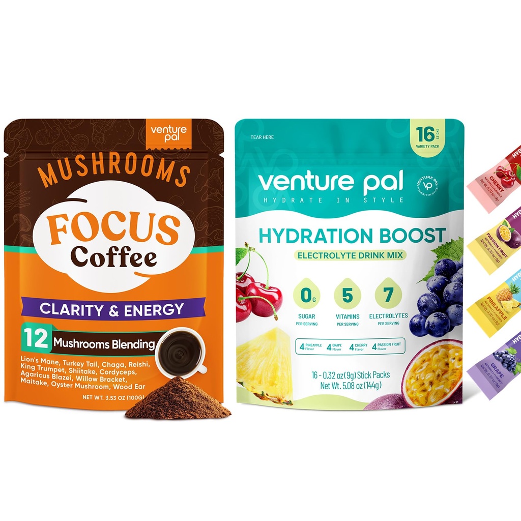 Venture Pal Mushroom Coffee & Electrolyte Powder Bundle: 12 i 1 Coffee med Ashwagandha & Sugar-Free Electrolyte Packets för fokus, immunitet, Hydration & Recovery - 40 portioner & 16 Sticks
