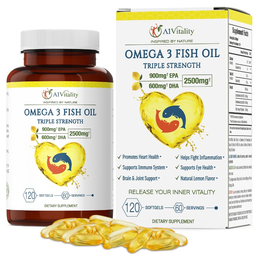 Omega 3 Triple Strength EPA DHA Supplement - 2500mg Lemon smaksatt burpless fiskolja - Hög styrka 900mg EPA 600mg DHA stöder cirkulation, hjärna, hjärta, ögon, hud, ben och gemensamma - 120 Softgels