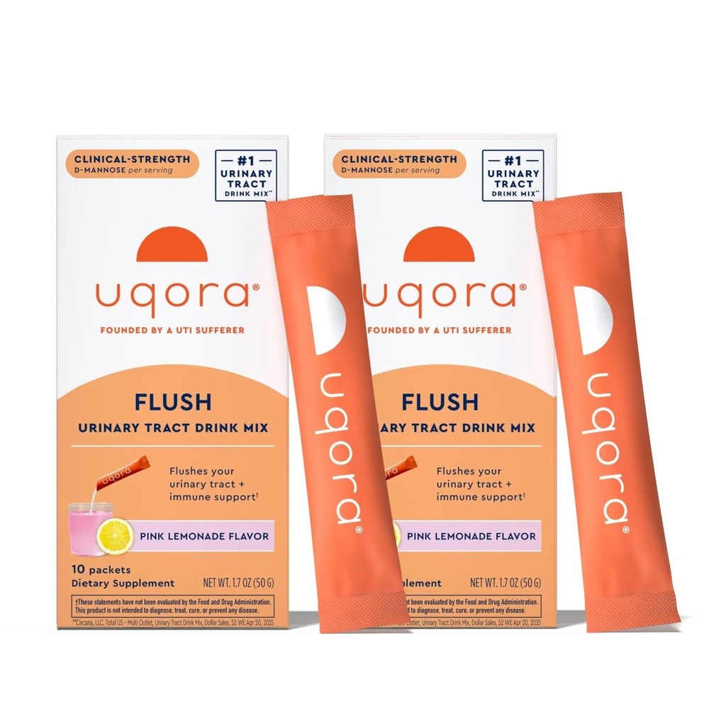 Uqora Flush - virtsatie* D- mannoosi, C-vitamiini, B6-vitamiini, kalium, magnesium ja kalsium - Gluteeniton ja vegaaninen - vaaleanpunainen sitruunan maku - 20 pakkausta (2 pakkaus)