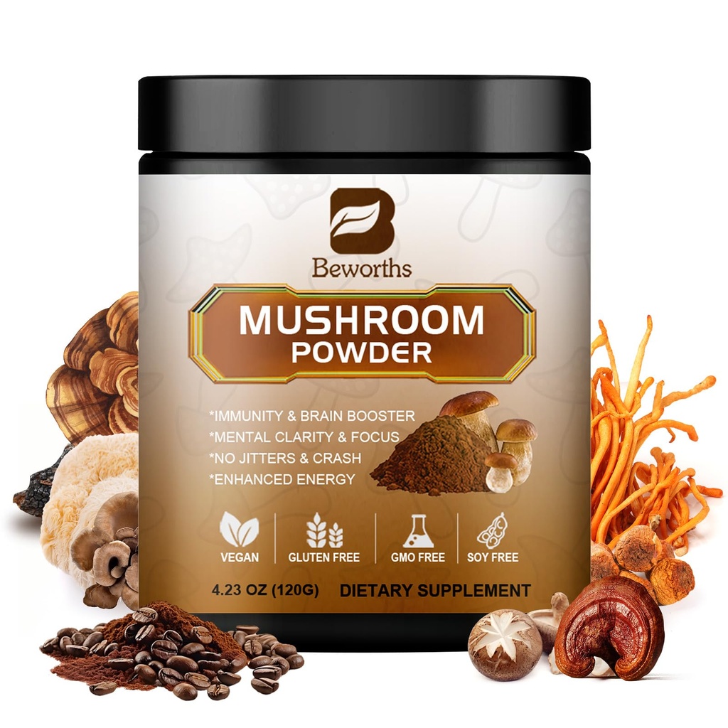 Mushroom Coffee - Lions Mane Mushroom Powder Instant Coffee med Lion's Mane, Reishi, Chaga, Cordyceps och Turkiet Tail - Mushroom Coffe Alternativ för energi, Mental Clarity & Focus, Brain Booster