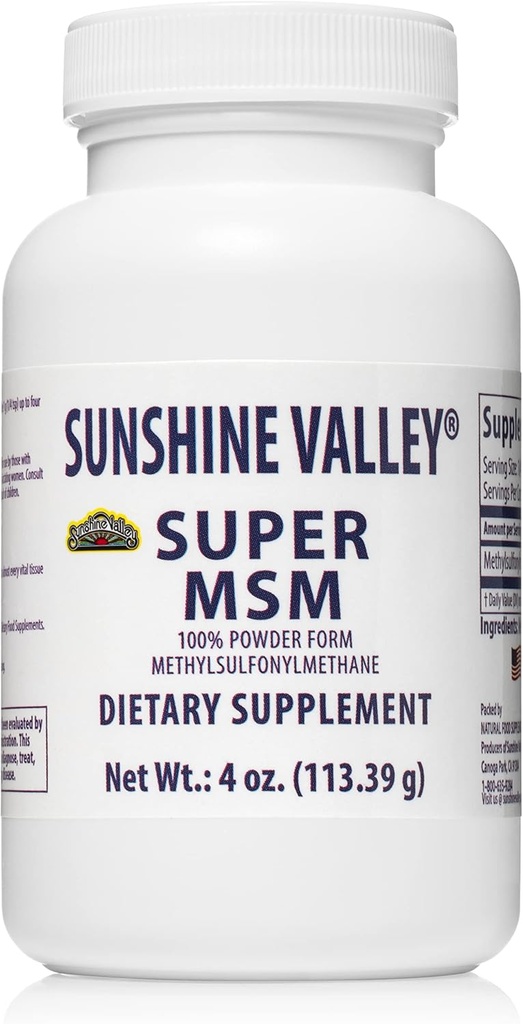 Sunshine Valley® Super MSM Super Super Supplement - Metyylisulfonyylimetaani MSM Crystals Powder for Joint Support, Nails, Hiusten ja ihon terveys - 100% puhdasta jauhetta, makuamaton, Ravintolisä - 4 oz