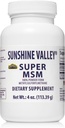 Sunshine Valley® Super MSM Super Super Supplement - Metyylisulfonyylimetaani MSM Crystals Powder for Joint Support, Nails, Hiusten ja ihon terveys - 100% puhdasta jauhetta, makuamaton, Ravintolisä - 4 oz