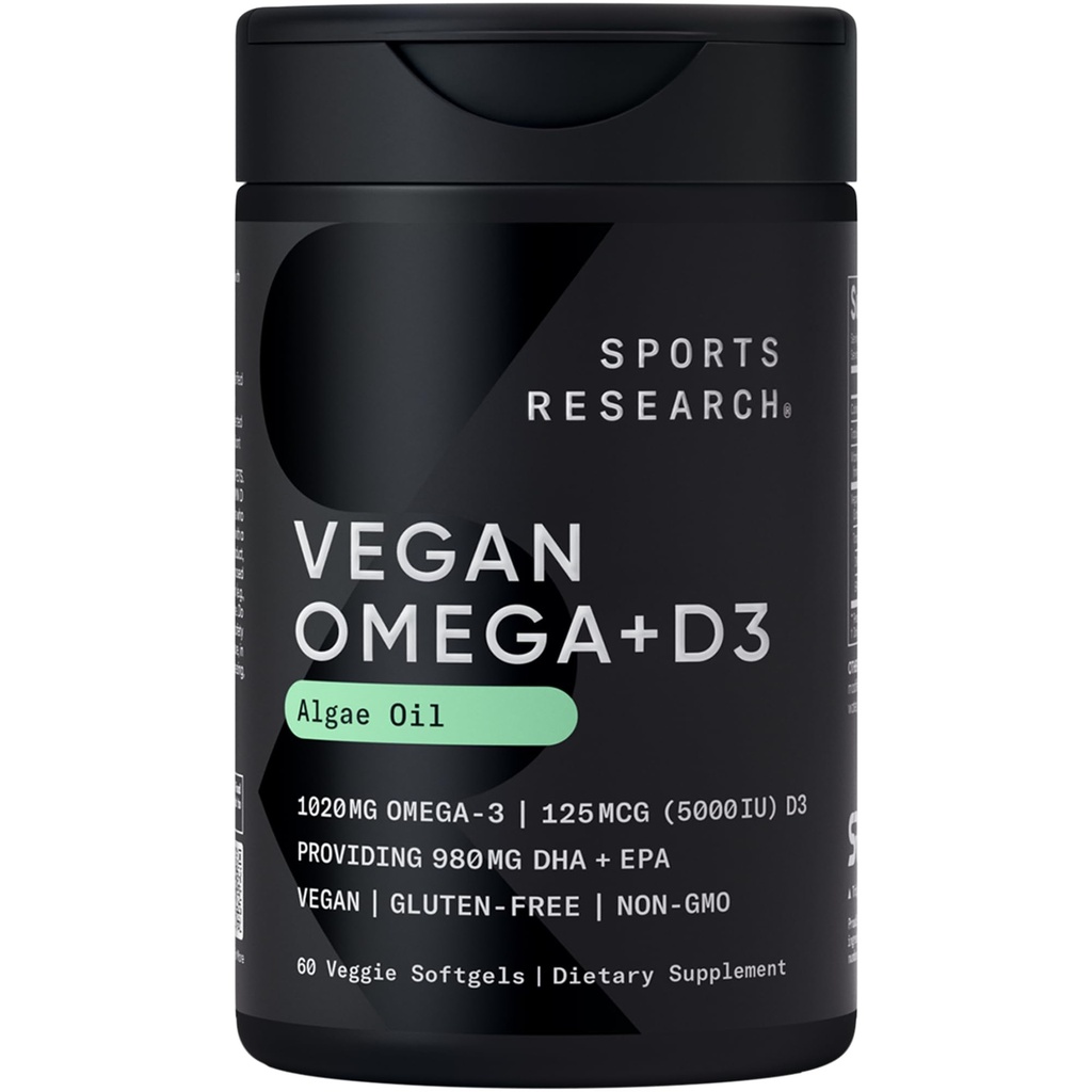 Sportforskning Vegan Omega-3 med vitamin D3 Softgels - 1020mg Omega-3 & 5000iu D3 Supplement - fiskolja alternativ med vitamin D Plant-Baserat stöd från Algae Oil - 60 Veggie Softgels för vuxna
