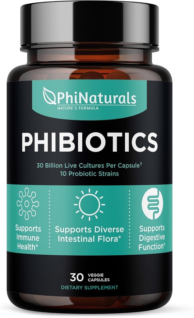 PhiNaturals High Potency Probiootit 10 kanta 30 miljardia PMY [30 vegan kapselia] naisille ja miehille Ruoansulatuskanavan terveys - Lactobacillus Acidophilus Salivarius Rhamnosus Bifidobacterium Probioticos