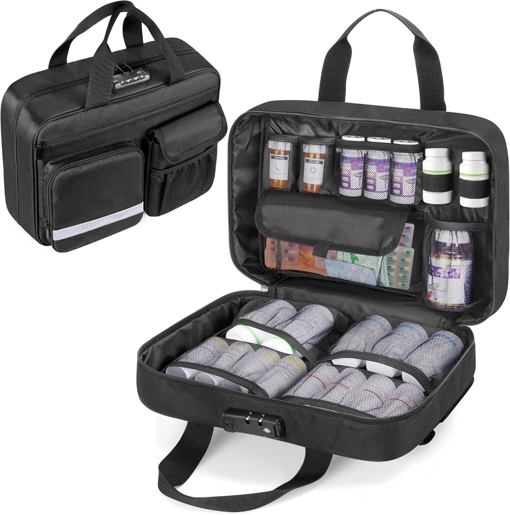 Damero Locking Pill Bottle Organizer, Medicine Storage Bag Lääkkeet Organizer Travel Carrying Case suurille pillereitä pullot, lääkkeet ja lääketieteelliset tarvikkeet, musta