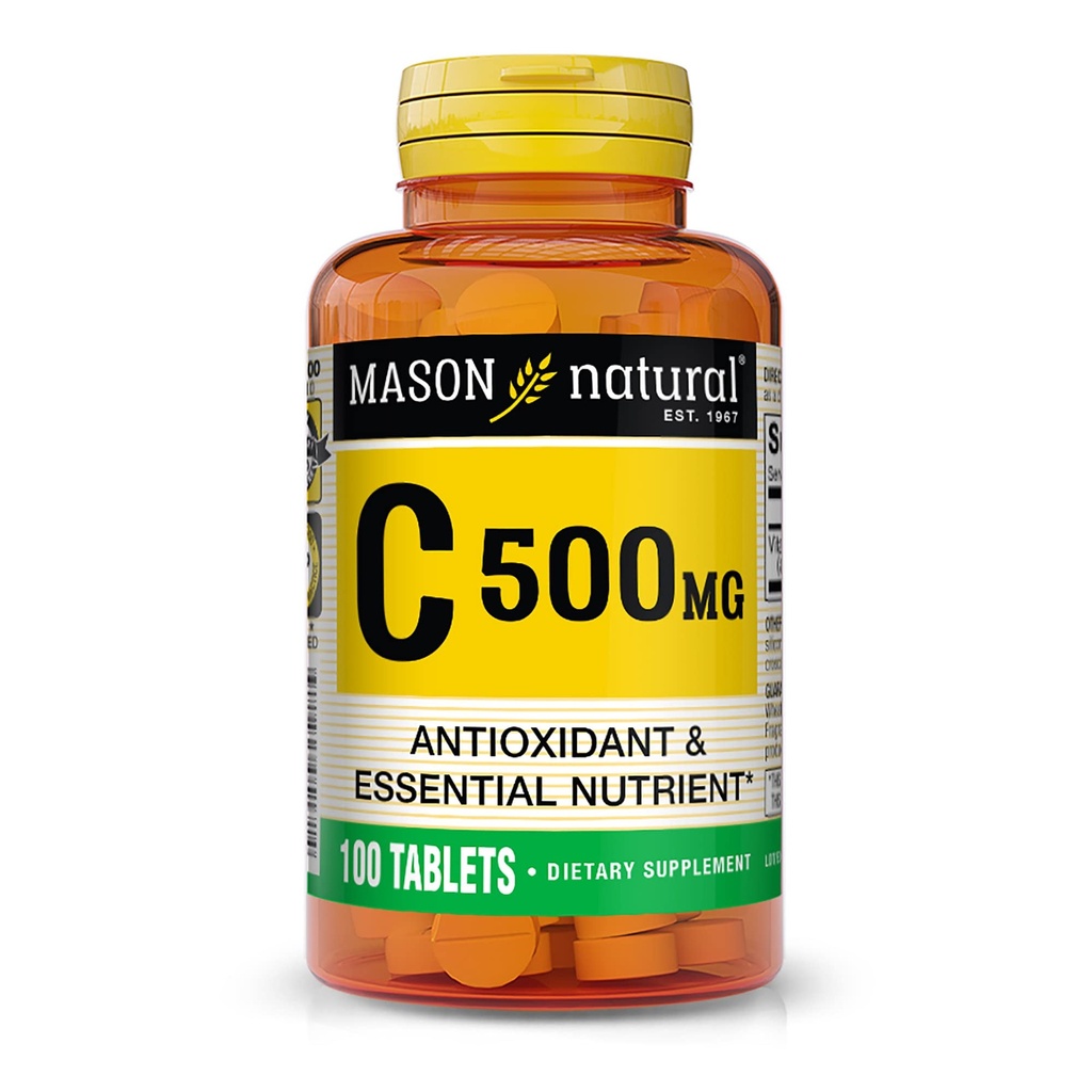Mason Natural Vitamin C 500 mg, Immune Support & Antioxidant Supplement, främjar Collagen Production & Cell Protection, 100 tabletter