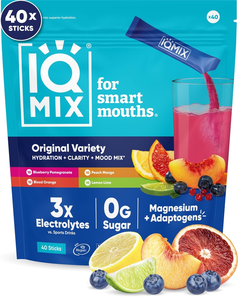 IQMIX Hydration Electrolyte Powder - 4-i-1 Formel för Hydration, Mental Clarity, Mood and Recovery - Sugar-Free Drink Mix, Keto, Magnesium L-Threonate, Lion's Mane - 40 Count Variety Pack