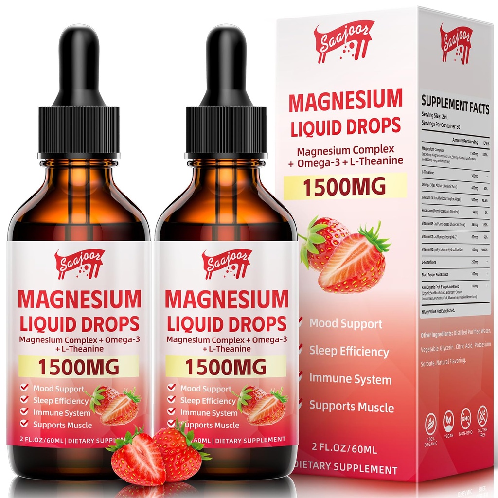 2 Pakkaus Magnesium Glycinate Liquid Drops, 1500 mg Magnesium Liquid Supplement B6-vitamiini, D3, L - Theanine, Omega3,Support Night, Lihas, luu, Mieliala, Mansikka Maku - 4 Fl Oz (120 ml) pullo