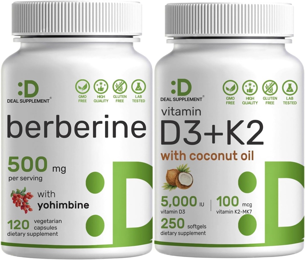 DEAL lisäravinde D3-vitamiini 5000iu + K2 100mcg Softgels & berberiini Supplement yohimbiini Bundle ... Essential Sunshine Vitamiines ...