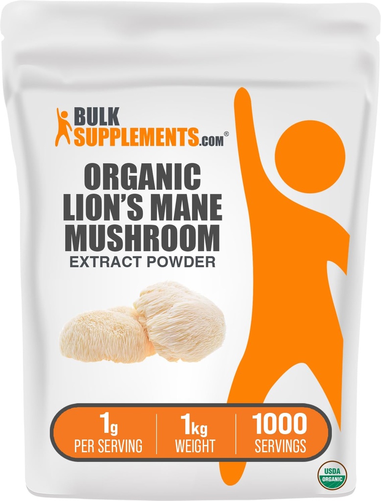 BulkSupplements.com Organic Lion's Mane Mushroom Extract Powder - Lions Mane Supplement Powder, Lion's Mane Extract - Sieni Supplement, 1000mg per Serving, 5kg (11 lbs) (Pack of 5)