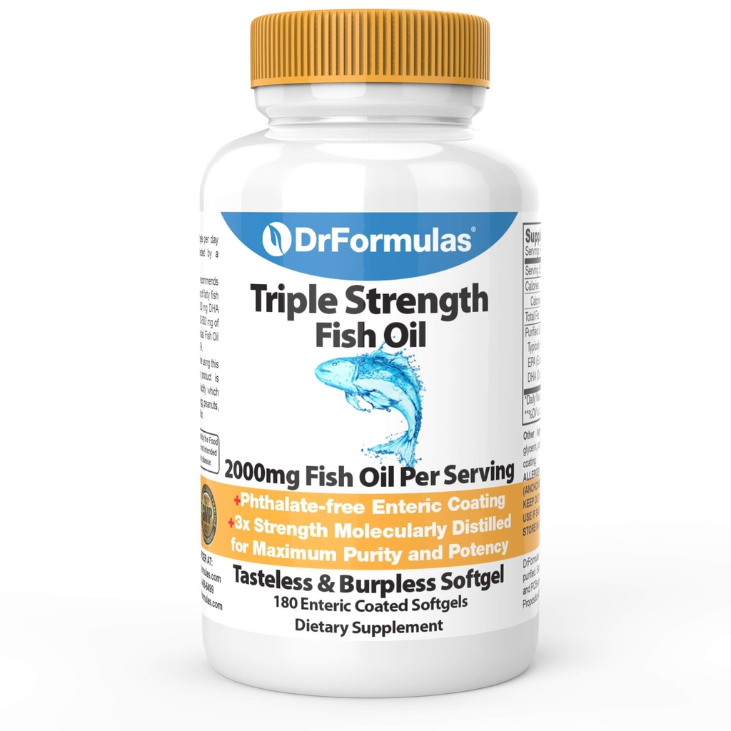 DrFormulas 2000mg Triple Strength Omega 3 Fish Oil med EPA och DHA, 180 Burpless Softgels