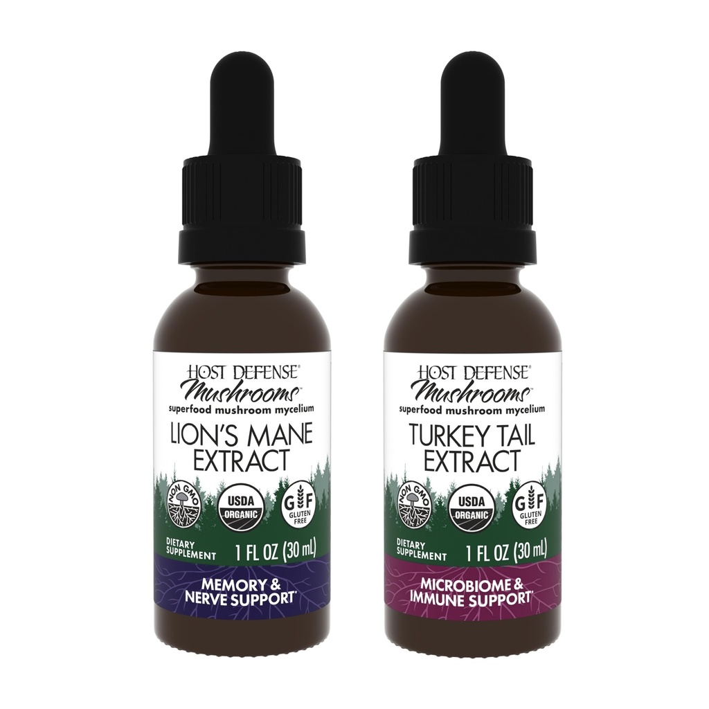 Host Defense Bundle with Lion's Mane Extract, 1 fl oz & Turkey Tail Extract, 1 fl oz - Support Brain Health, Memory & Focus - Tuki Ruoansulatuskanavan ja immuunivasteen *