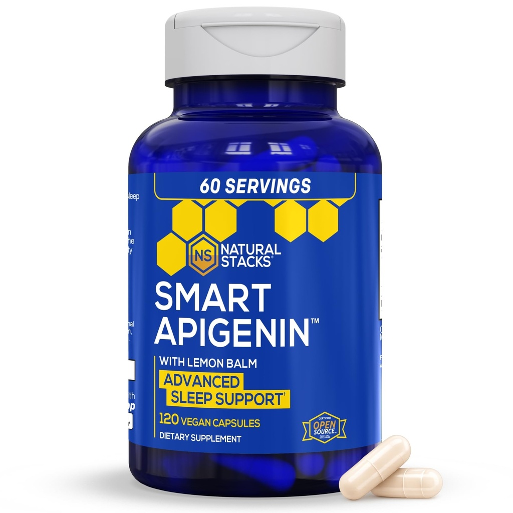 NATURAL STACKS Apigenin Supplement for Sleep - 50mg Apigenin & 600 mg sitruuna balm - Melatoniinin vapaa uniapu - Passion Flower Extract for Stress Support* - 120 sitruuna balm kapselit
