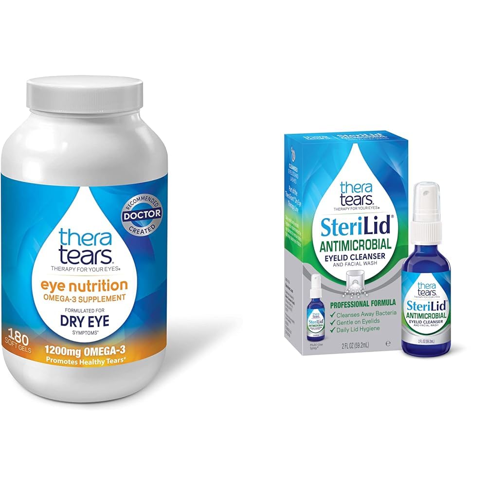 TheraTears 1200mg Omega 3 Supplement for Eye Nutrition, Organic Flaxseed Triglyceride Fish Oil och Vitamin E, 180 Count & SteriLid Eyelid Cleanser och Face Wash, för irriterade ögon, 2 fl oz Spray