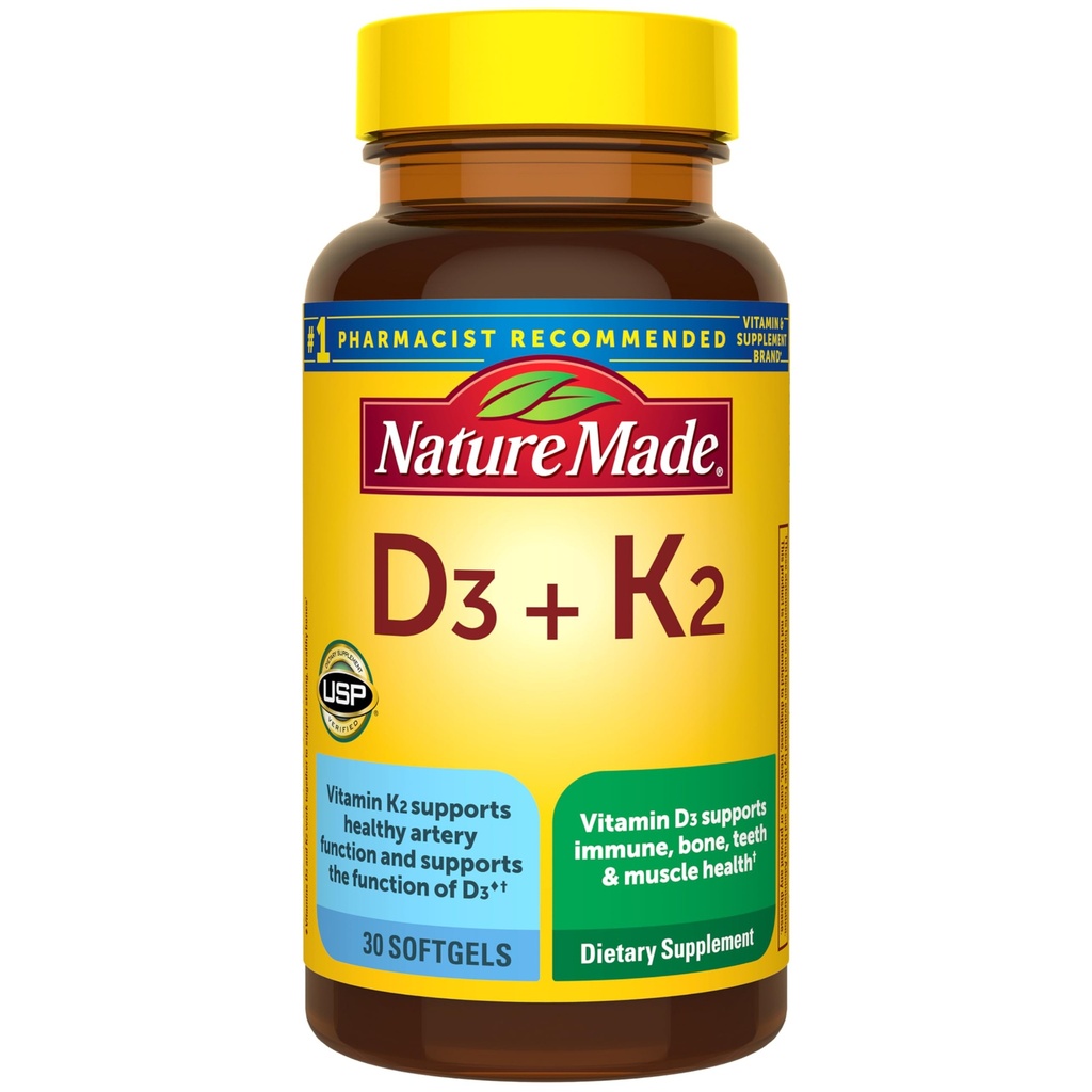 Nature Made Vitamin D3 K2 Supplement, 5000 IE (125 mcg) Vitamin D för ben, tänder, muskel och immunstöd, 30 D3 och K2 Softgels, 30 Day Supply