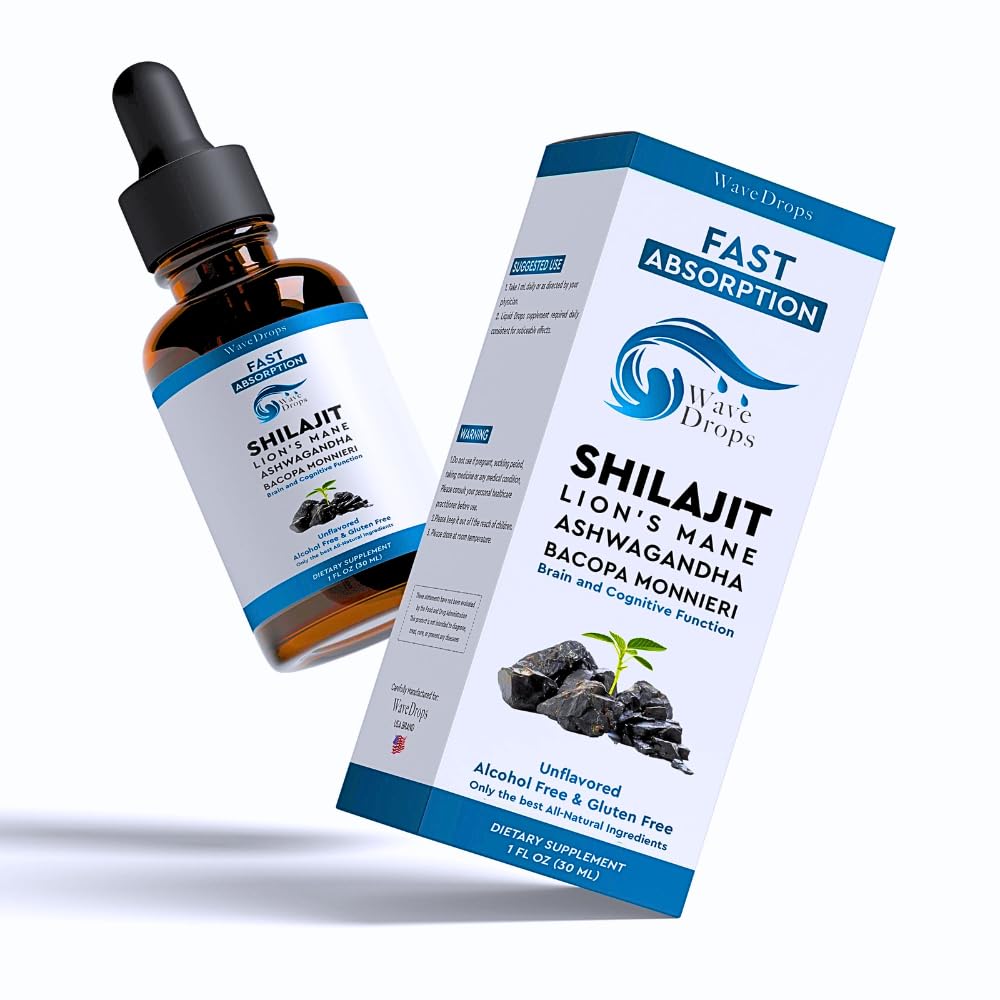 Lion's Mane - Shilajit - Ashwagandha - Bacopa Monnieri Liquid Drops ... stressi, muisti Booster,Focus ... Kaikki luonnolliset ainesosat 1Fl Oz (1)