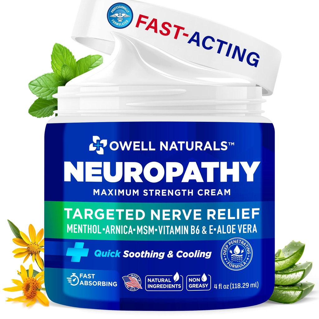 OWELL NATURALS Neuropatia Cream Extra Strength Nerve Relief Cream jalka, kädet, jalat, varpaat Arnica, B6-vitamiini, Aloe Vera, MSM - valmistettu USA