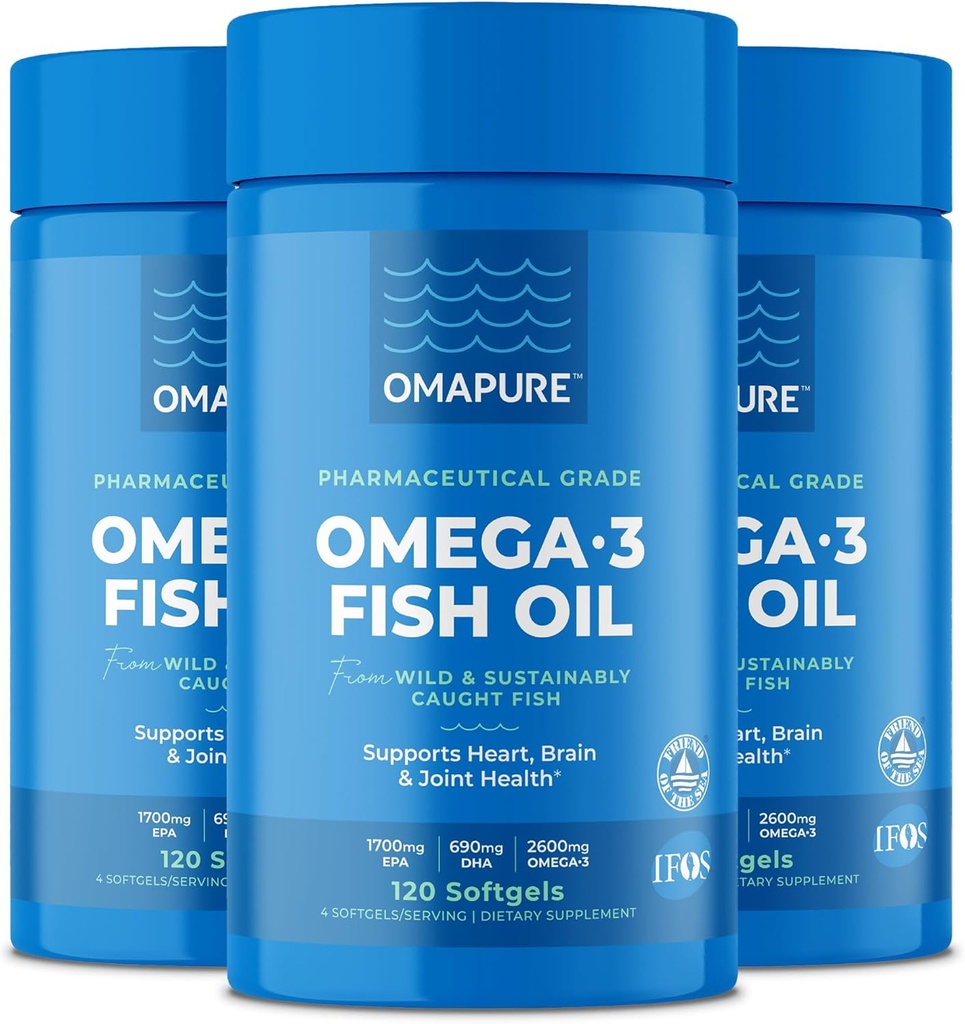 Omega 3 rasvahapot (3 pulloa, 120 Softgels) - Korkea EPA, DHA, & IFOS kalaöljy pillereitä Tuki sydän & yhteinen terveys - Burpless kalaöljy edistää aivotoimintaa