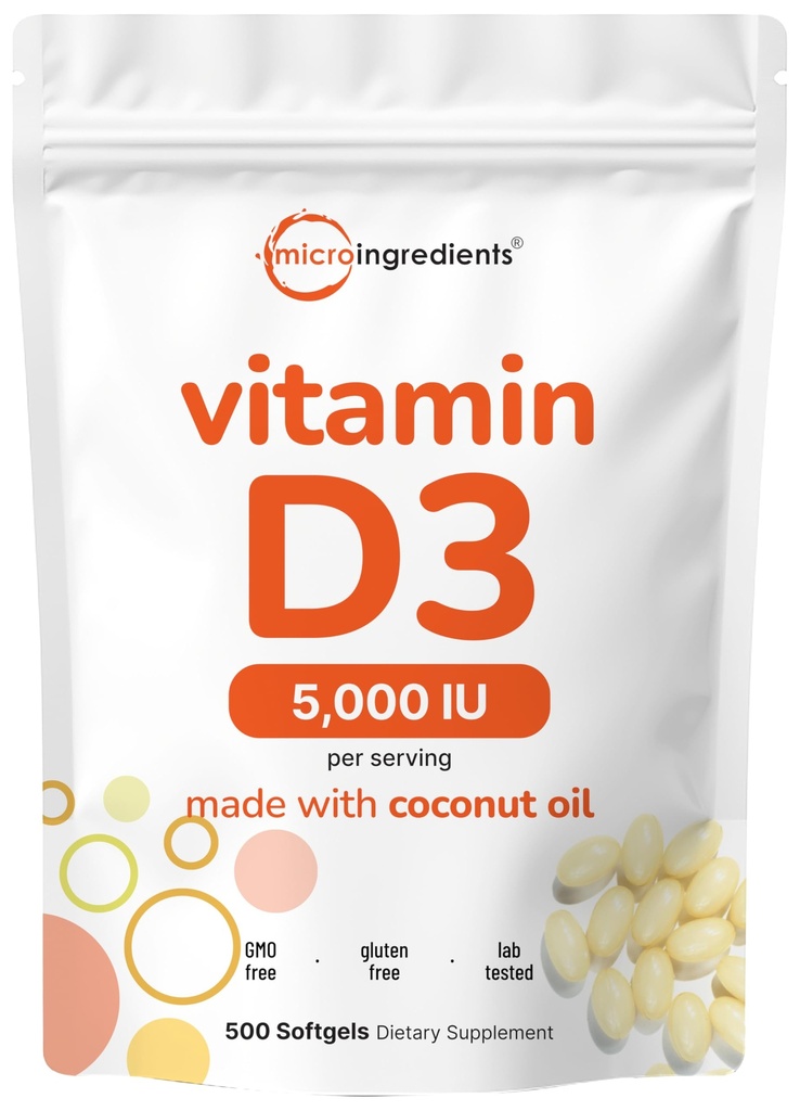Mikroaineet D3-vitamiini 5 000 IU, 500 Softgels ... Neitsytkookosöljy