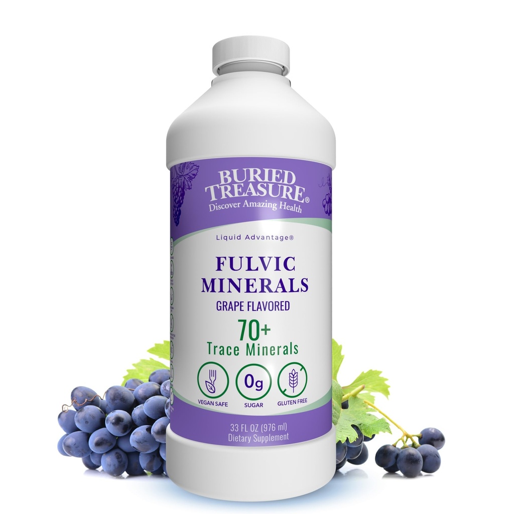 Buried Treasure Fulvic Minerals Grape smaksatt - kolloida mineraler från Humic Fulvic Acid, Electrolytes från spårmineraler för återhämtning och Wellness Support. Lägg till vatten – 32 portioner