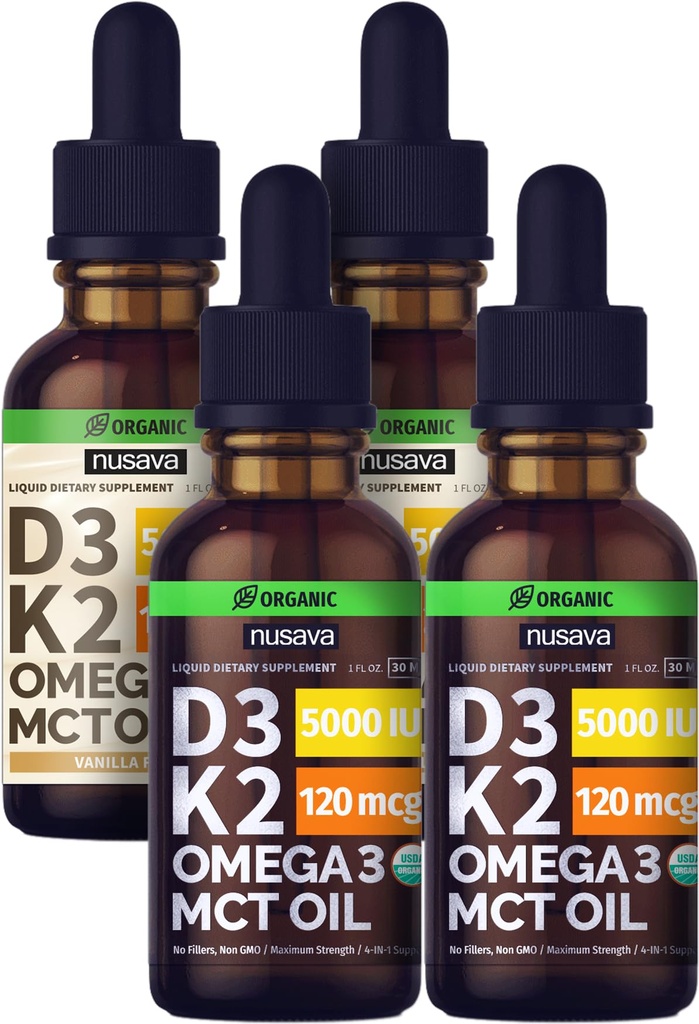 NUSAVA Makuttomia D3 K2 nestepisaroita ja vaniljamakuisia D3 K2 nestepisaroita Bundle - Potent Liquid Vitamiineja sydämen, nivelten, luun, lihasten ja immuunien tuki - ei-GMO, Gluteenittomat, 2pk Each