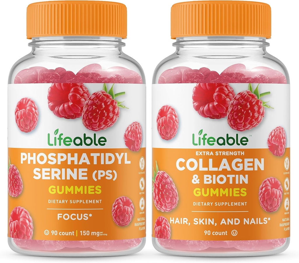 Livlig fosfatidylserin (PS) + Collagen & Biotin, Gummies Bundle - Great Tasting, Vitamin Supplement, Gluten Free, GMO Free, Chewable Gummy